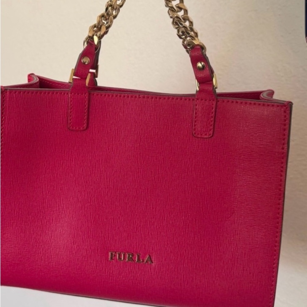 Furla Hot Pink Saffiano Leather Tote with Gold Chain - Picture 10 of 12